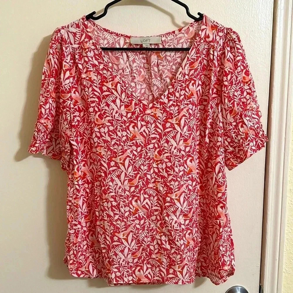 EUC Loft V-neck Floral Peacock Blouse
